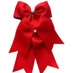Adorable 1 pair of red, purple, pink, and blue ribbon bow hair clips with elegant white pearl accents, designed for little girls to wear.