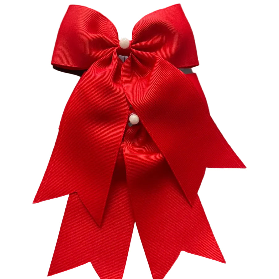 Adorable 1 pair of red, purple, pink, and blue ribbon bow hair clips with elegant white pearl accents, designed for little girls to wear.