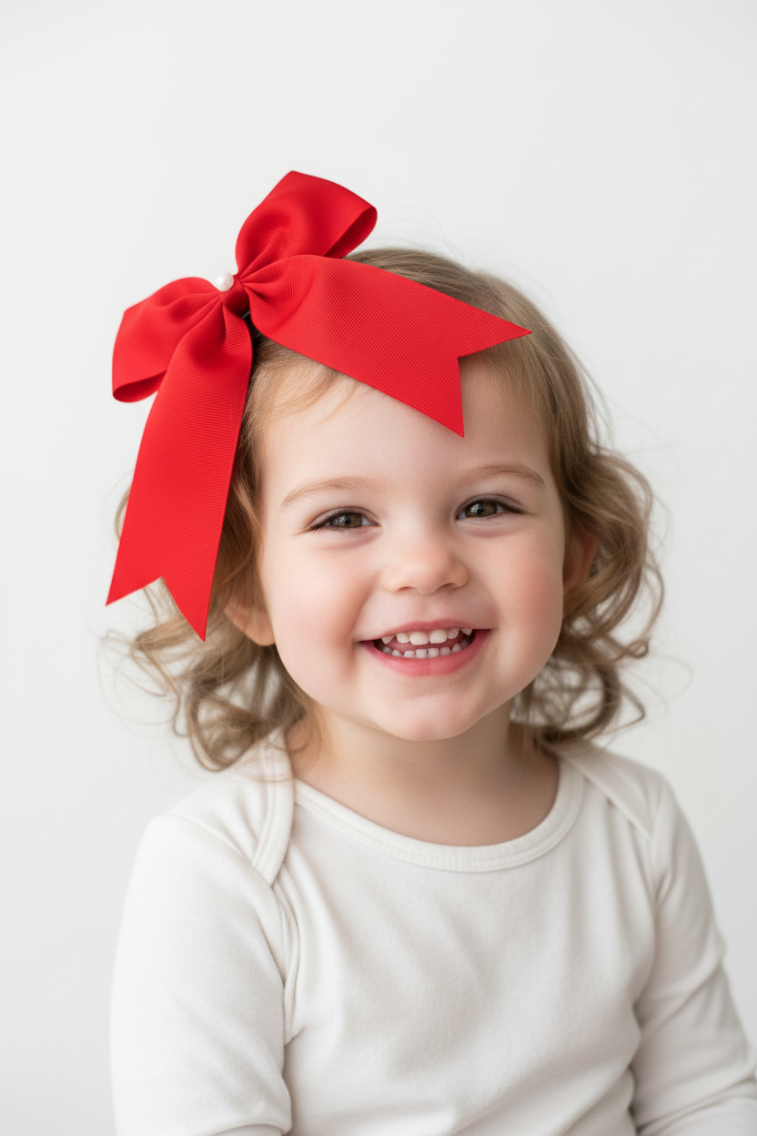 Adorable 1 pair of red, purple, pink, and blue ribbon bow hair clips with elegant white pearl accents, designed for little girls to wear.