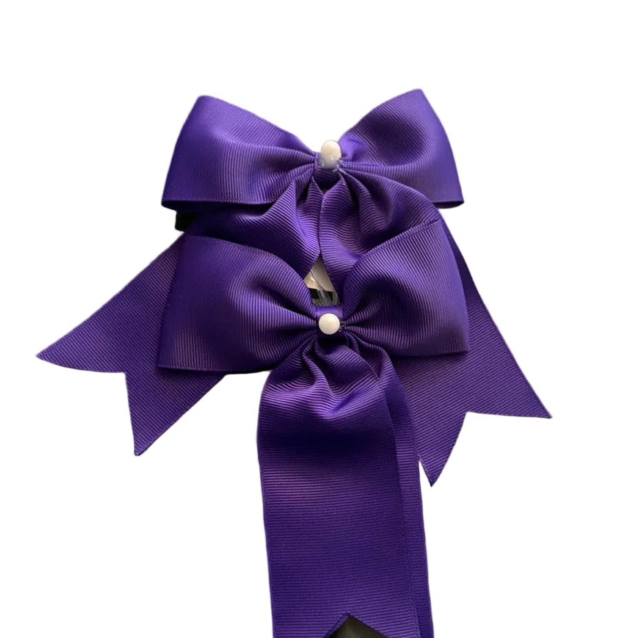 Adorable 1 pair of red, purple, pink, and blue ribbon bow hair clips with elegant white pearl accents, designed for little girls to wear.