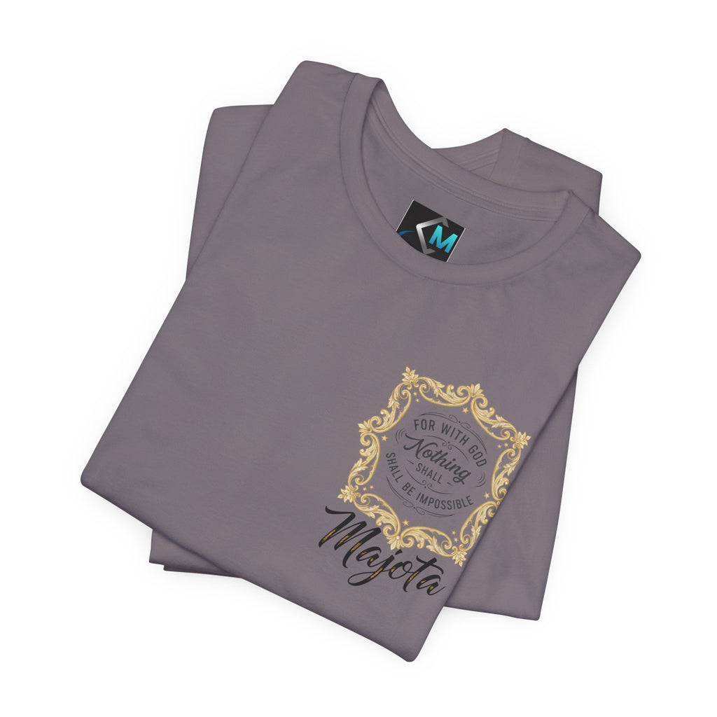 Majeta Script Frame Tee — "No Note, No Worry" White Short Sleeve T-Shirt