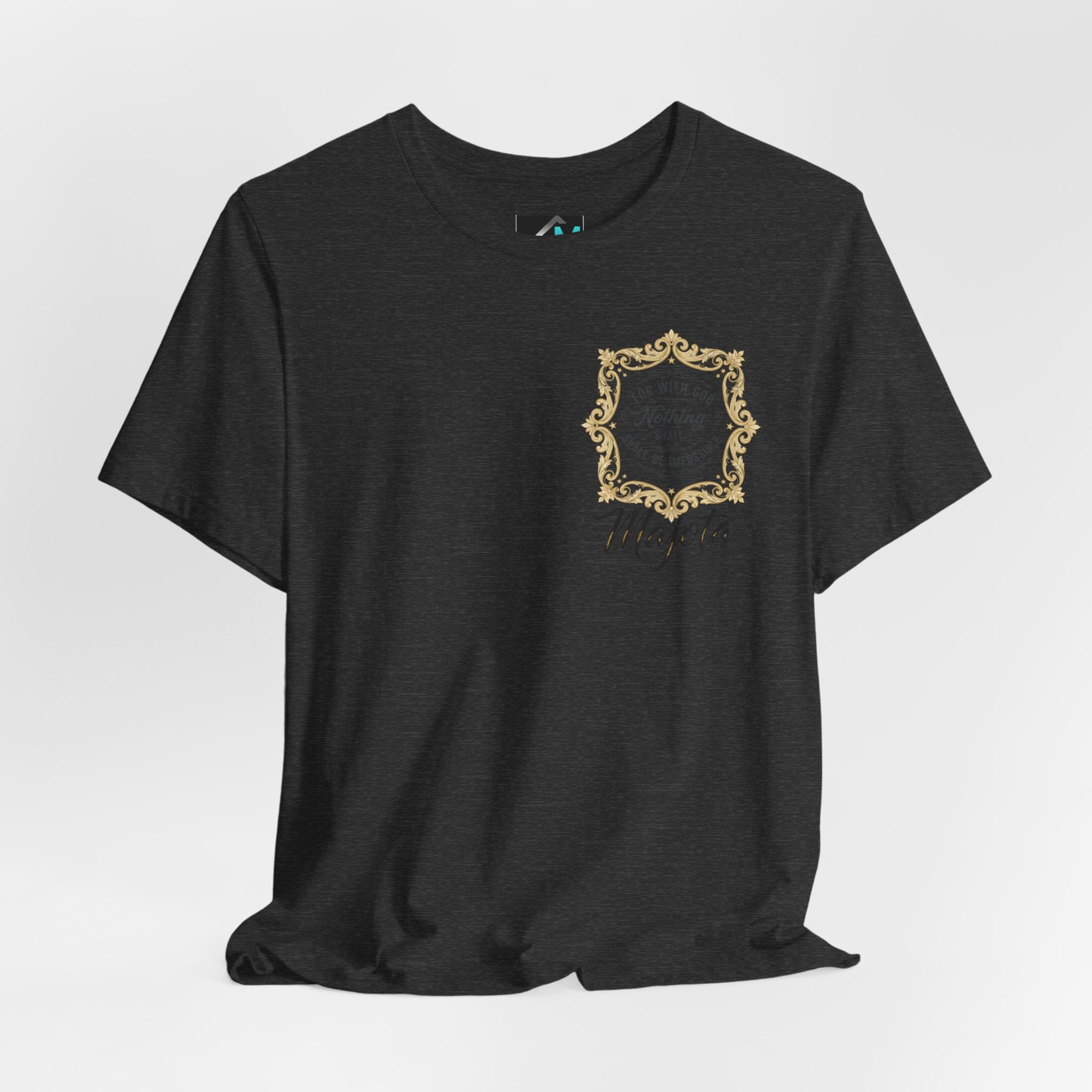 Majeta Script Frame Tee — "No Note, No Worry" White Short Sleeve T-Shirt