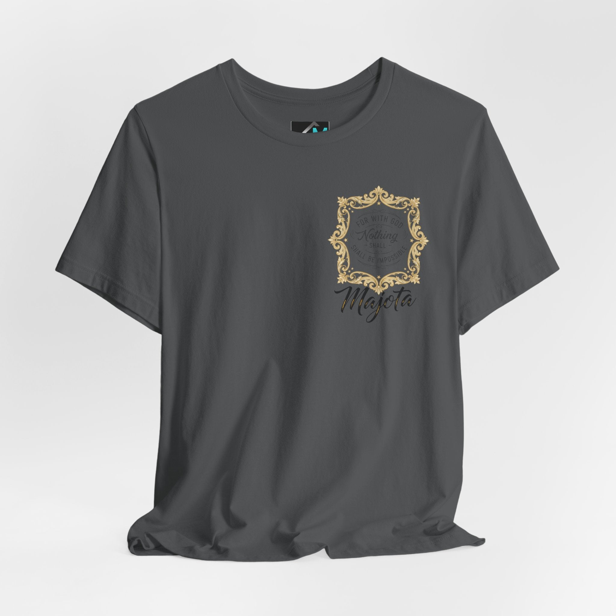 Majeta Script Frame Tee — "No Note, No Worry" White Short Sleeve T-Shirt