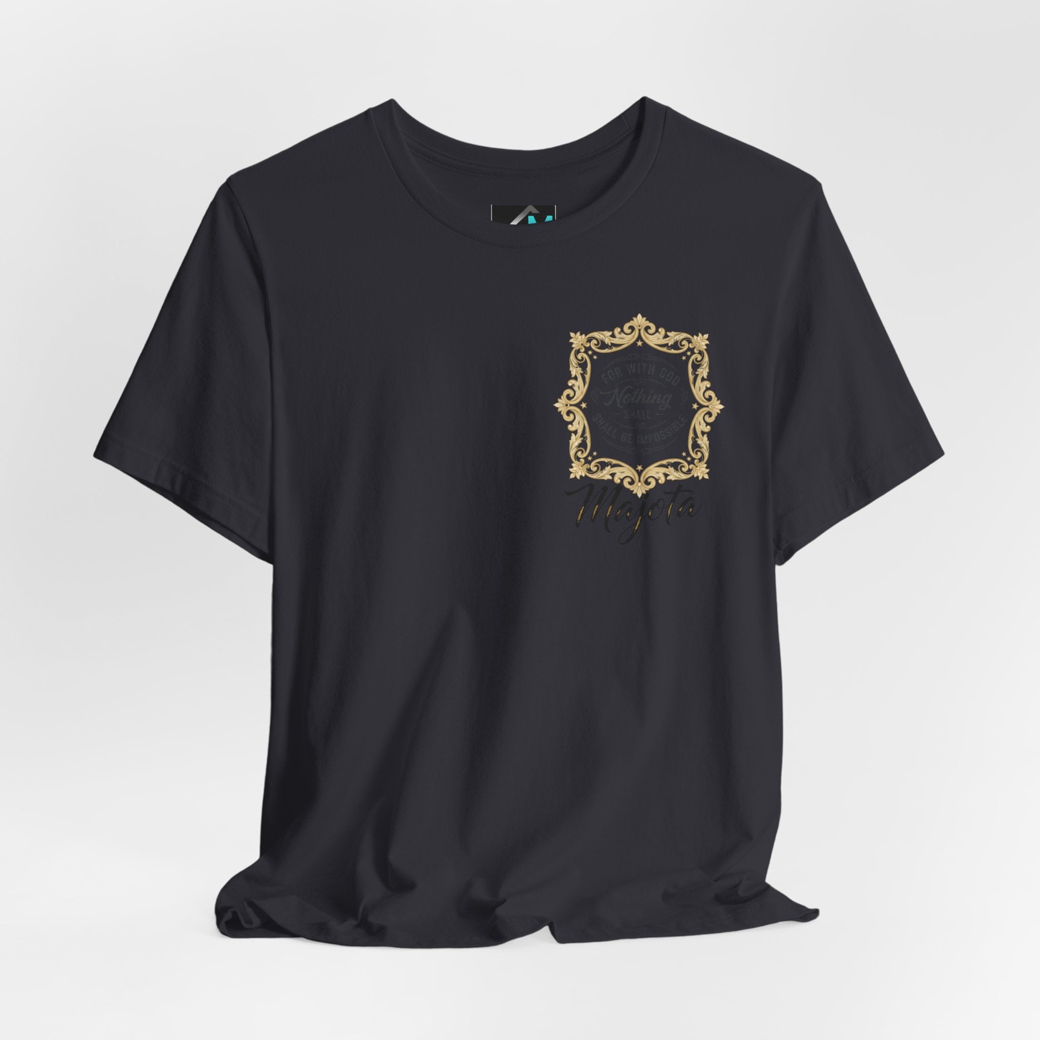 Majeta Script Frame Tee — "No Note, No Worry" White Short Sleeve T-Shirt