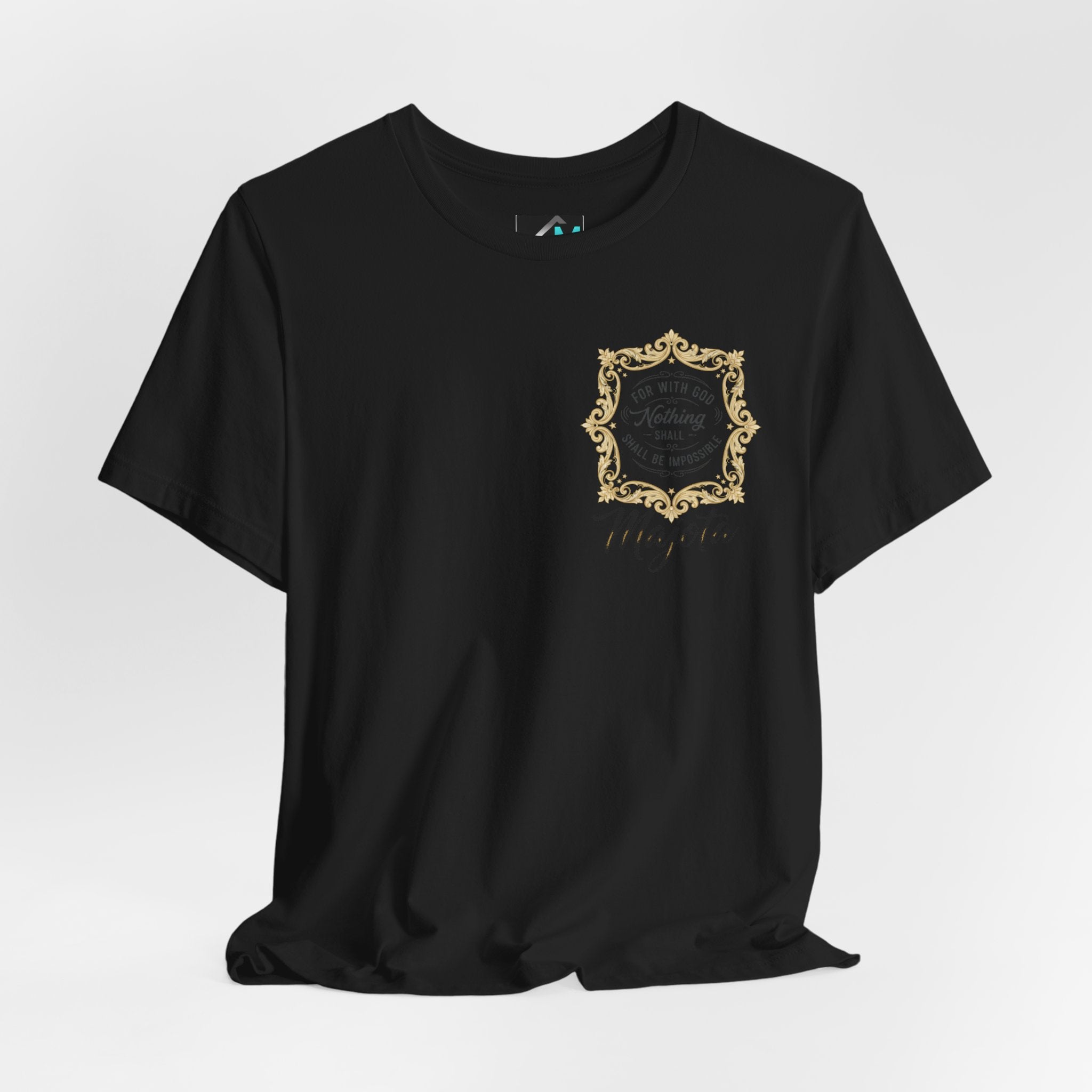 Majeta Script Frame Tee — "No Note, No Worry" White Short Sleeve T-Shirt