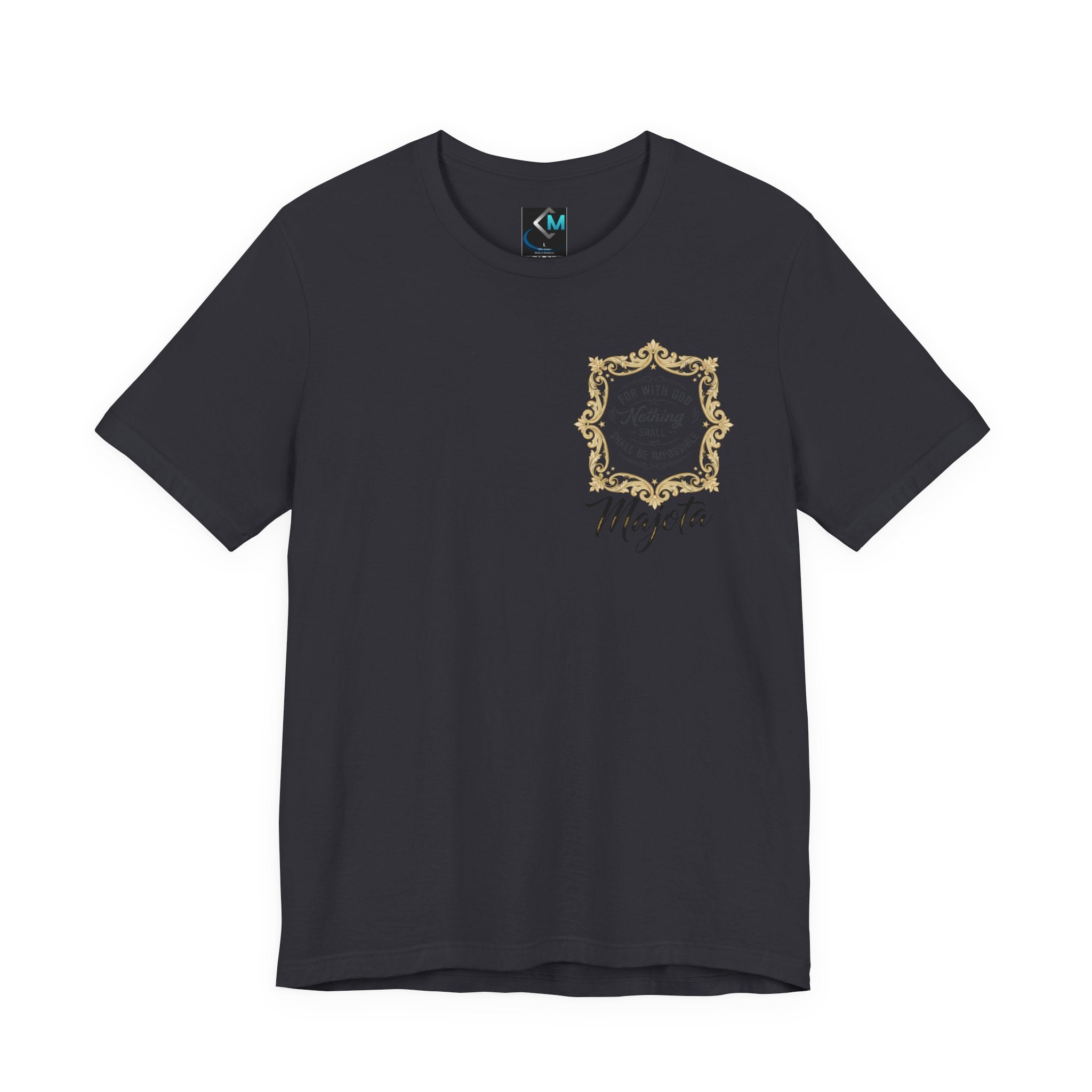 Majeta Script Frame Tee — "No Note, No Worry" White Short Sleeve T-Shirt