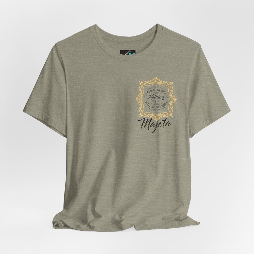 Majeta Script Frame Tee — "No Note, No Worry" White Short Sleeve T-Shirt