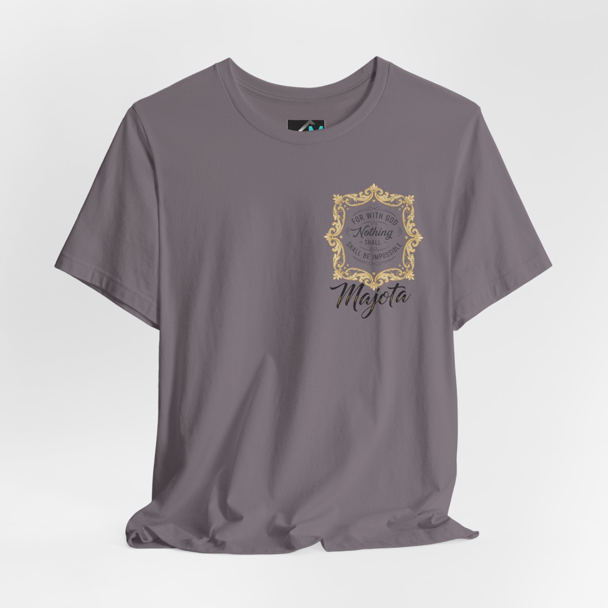 Majeta Script Frame Tee — "No Note, No Worry" White Short Sleeve T-Shirt