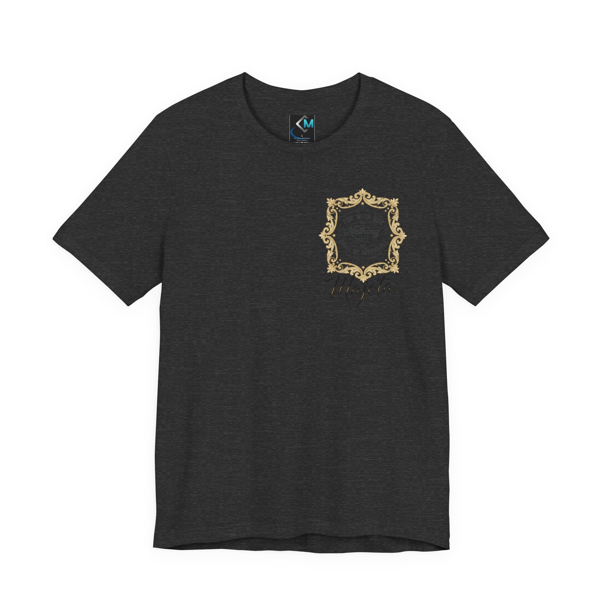 Majeta Script Frame Tee — "No Note, No Worry" White Short Sleeve T-Shirt