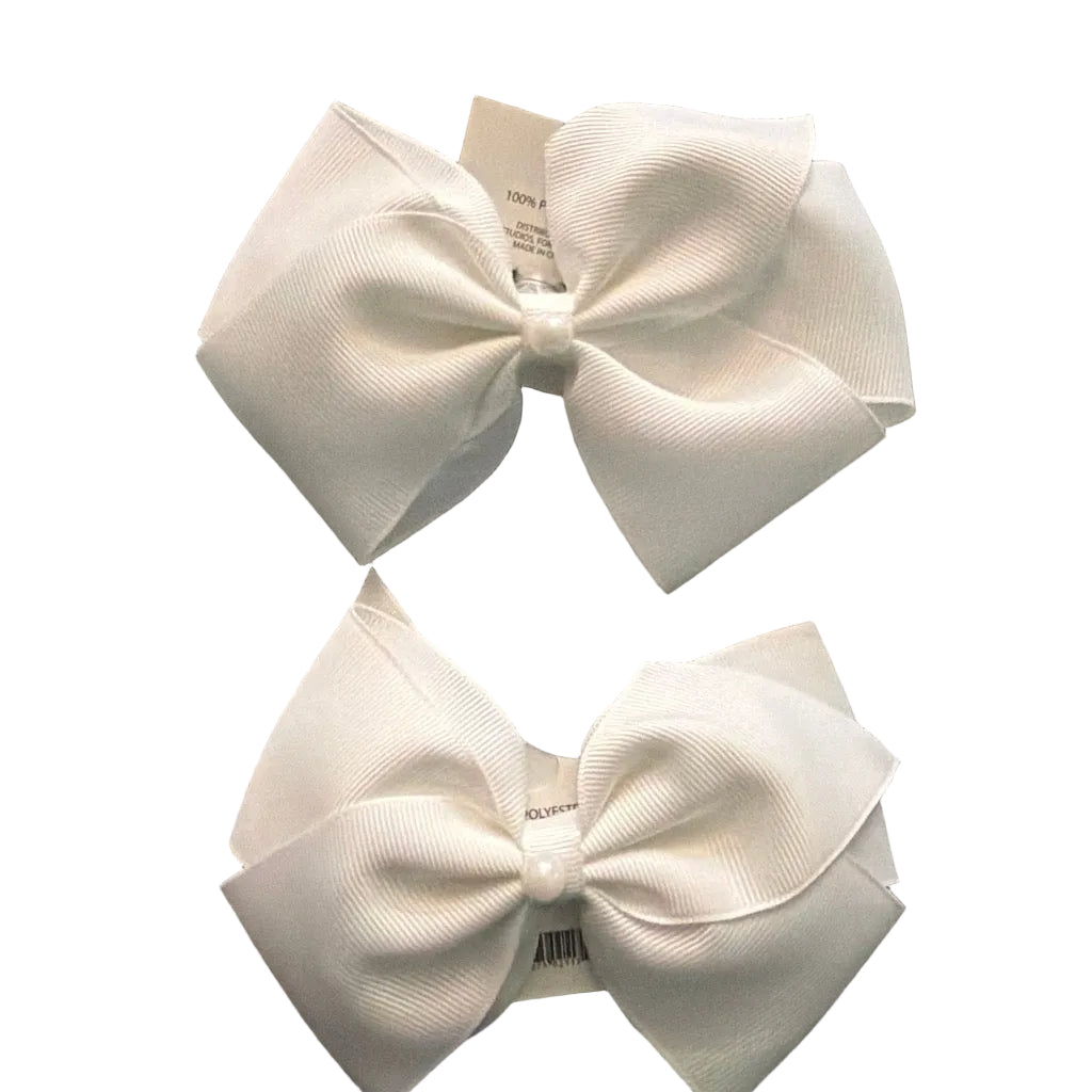 Adorable 1 pair of white and light pink ribbon bow hair clips with elegant white pearl accents, designed for little girls to wear.