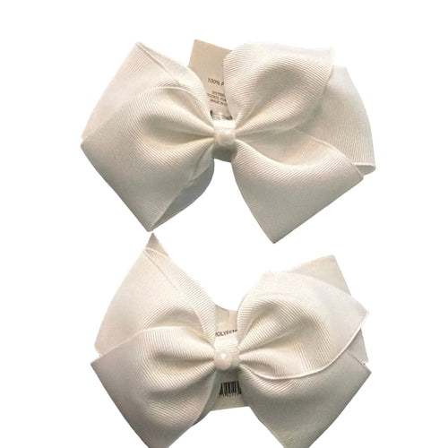 Adorable 1 pair of white and light pink ribbon bow hair clips with elegant white pearl accents, designed for little girls to wear.