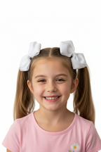 Adorable 1 pair of white and light pink ribbon bow hair clips with elegant white pearl accents, designed for little girls to wear.