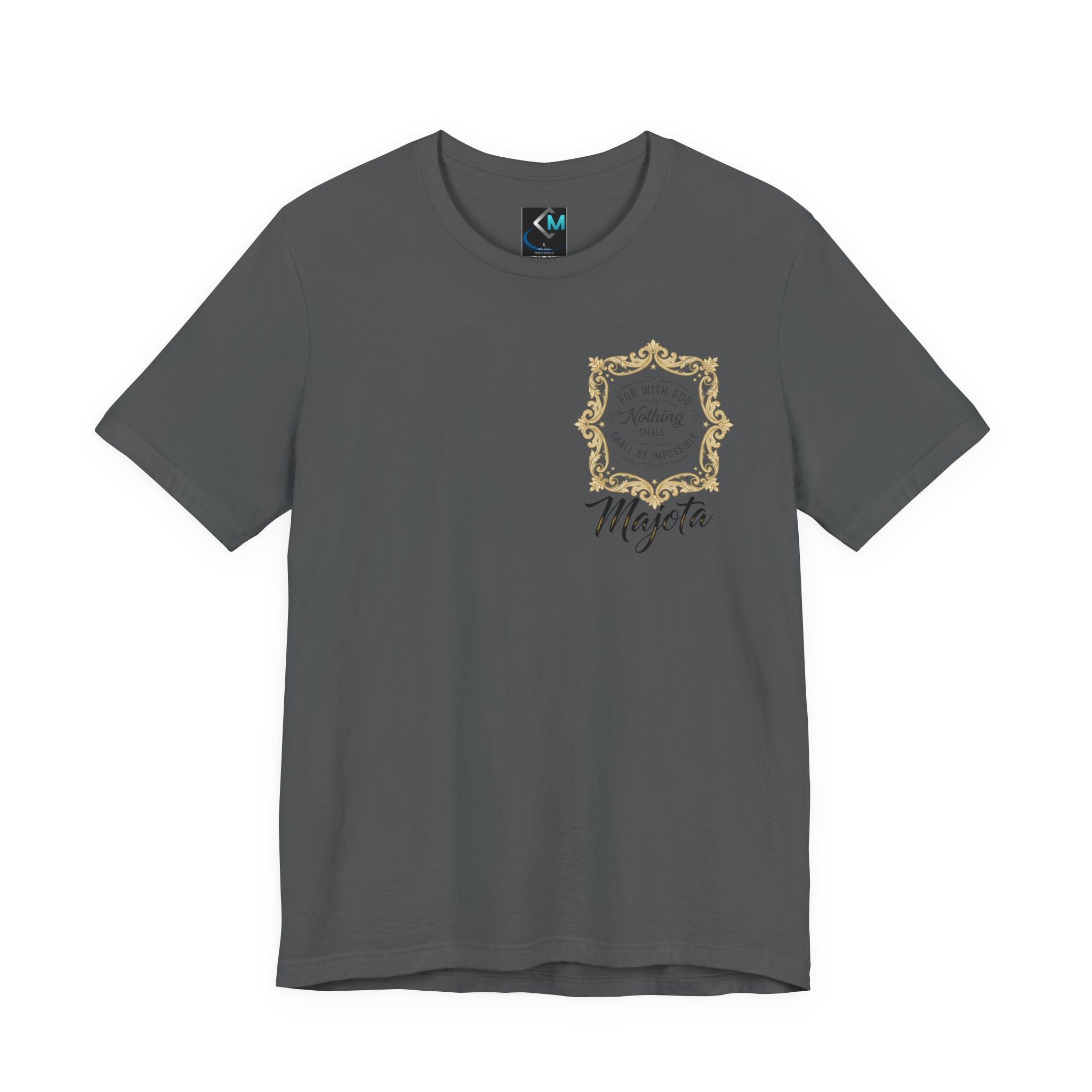 Majeta Script Frame Tee — "No Note, No Worry" White Short Sleeve T-Shirt