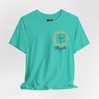 Majeta Script Frame Tee — "No Note, No Worry" White Short Sleeve T-Shirt