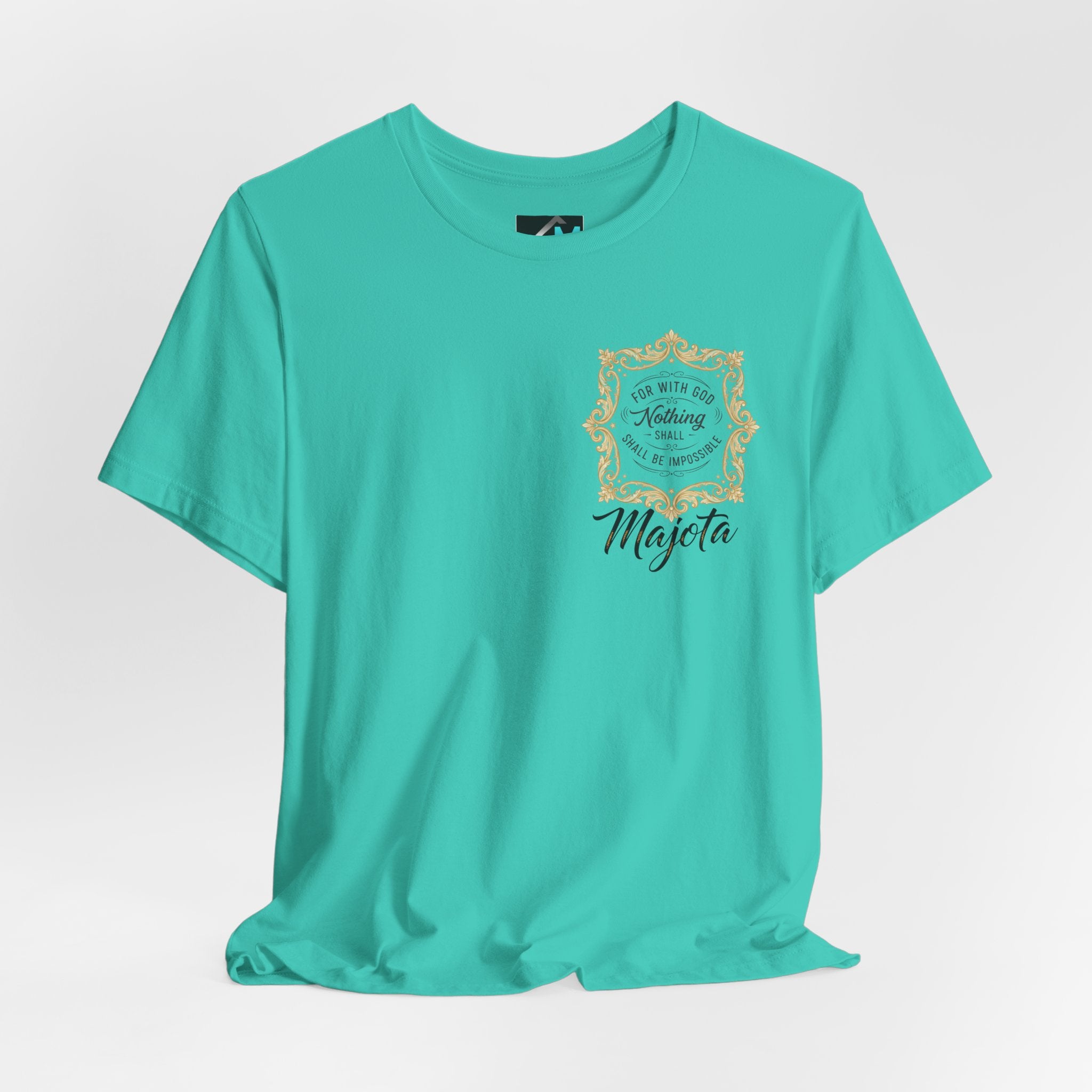 Majeta Script Frame Tee — "No Note, No Worry" White Short Sleeve T-Shirt