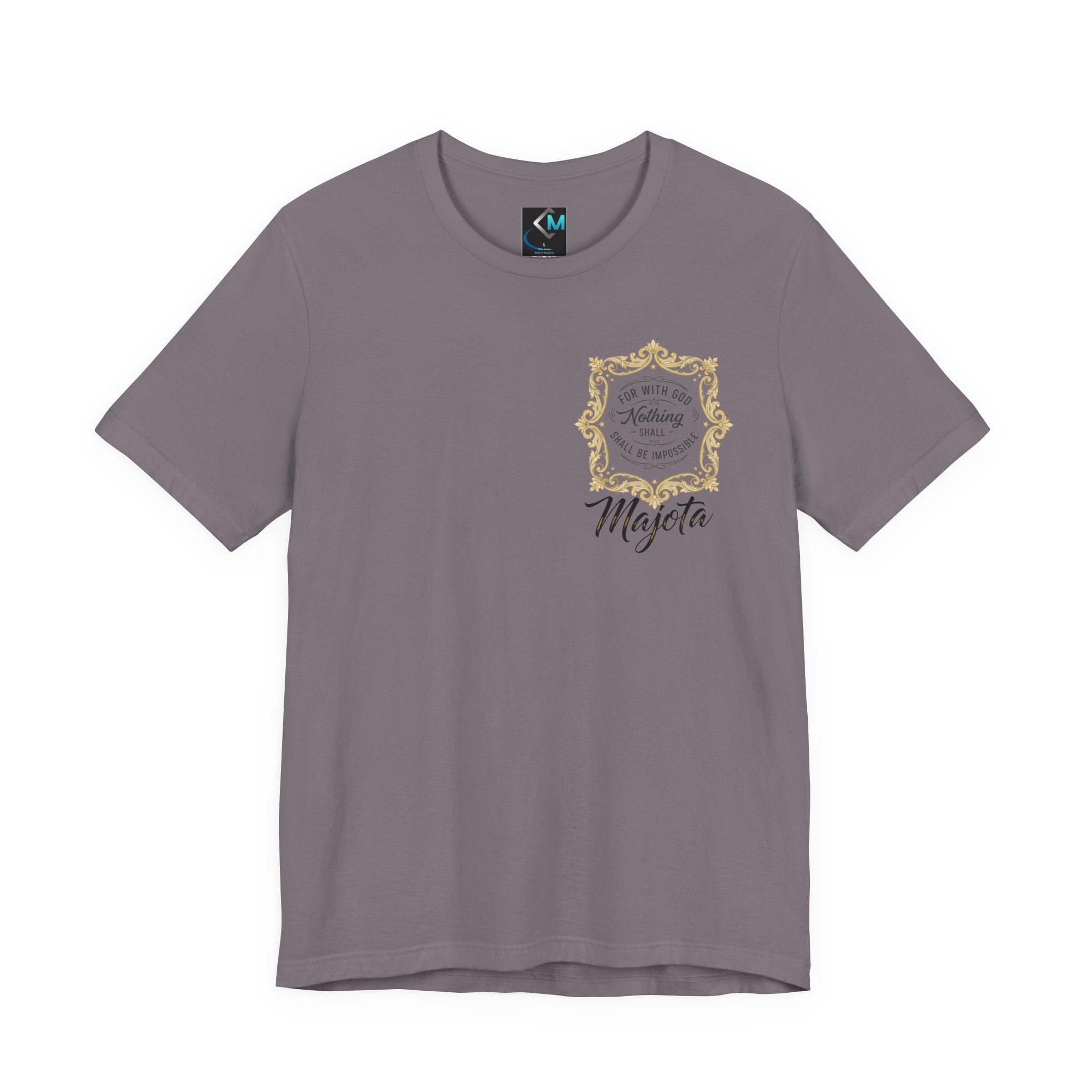 Majeta Script Frame Tee — "No Note, No Worry" White Short Sleeve T-Shirt