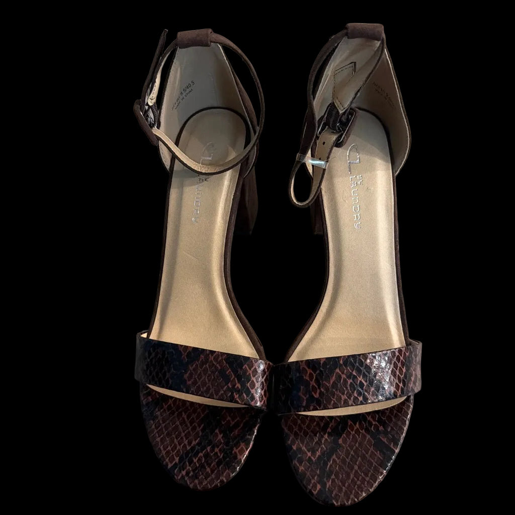 brown snakeskin print block heel sandals in women's size 9.5