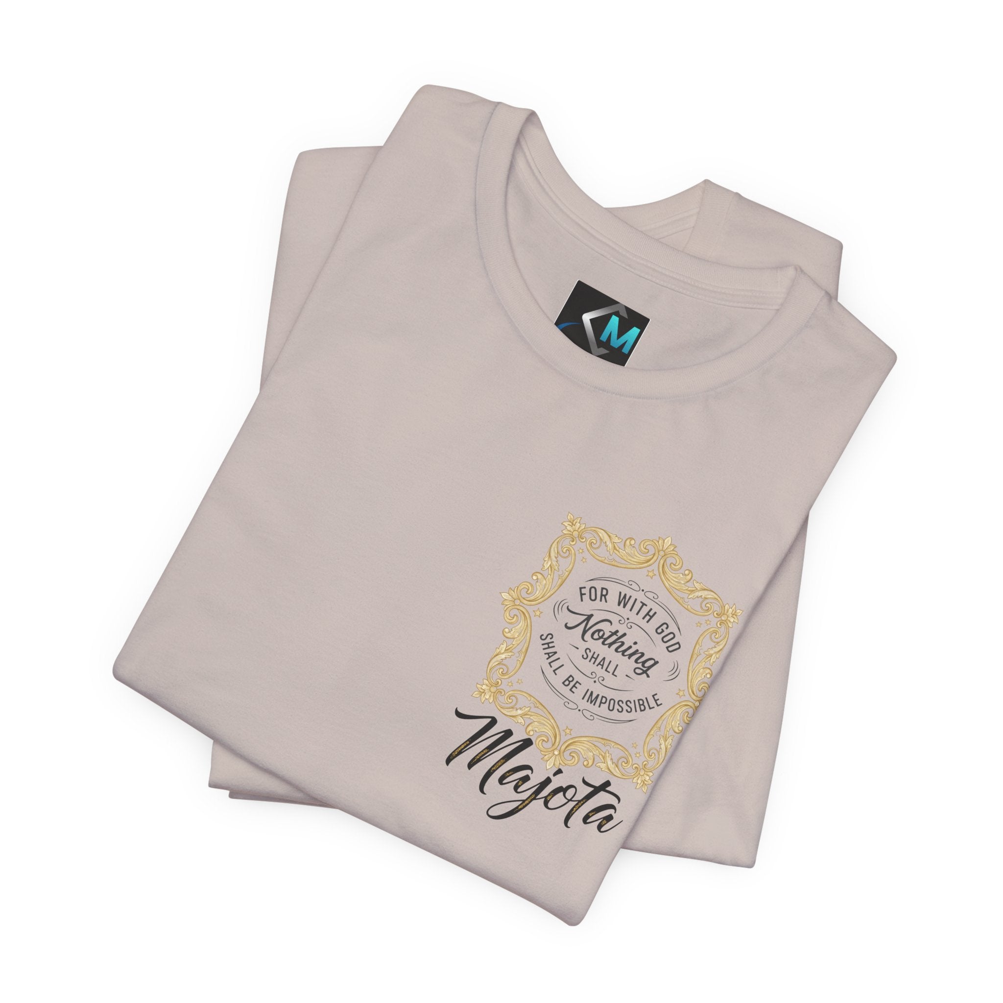 Majeta Script Frame Tee — "No Note, No Worry" White Short Sleeve T-Shirt