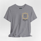 Majeta Script Frame Tee — "No Note, No Worry" White Short Sleeve T-Shirt
