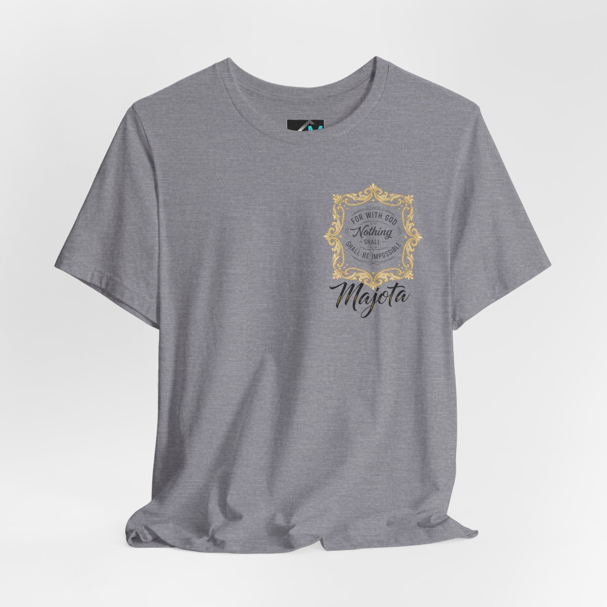 Majeta Script Frame Tee — "No Note, No Worry" White Short Sleeve T-Shirt
