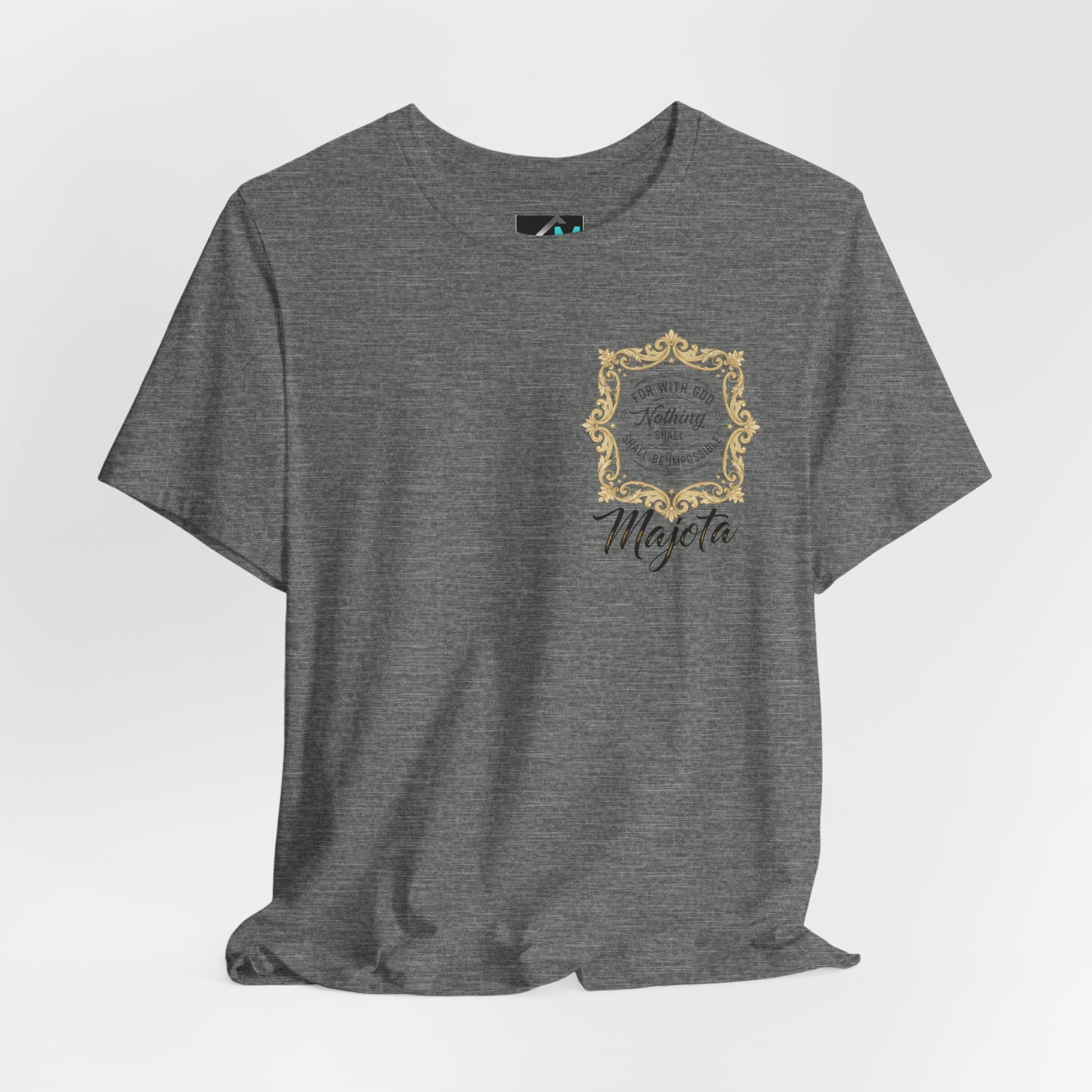 Majeta Script Frame Tee — "No Note, No Worry" White Short Sleeve T-Shirt