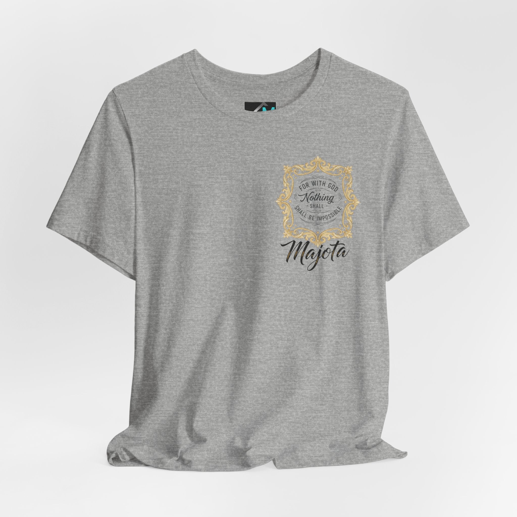 Majeta Script Frame Tee — "No Note, No Worry" White Short Sleeve T-Shirt