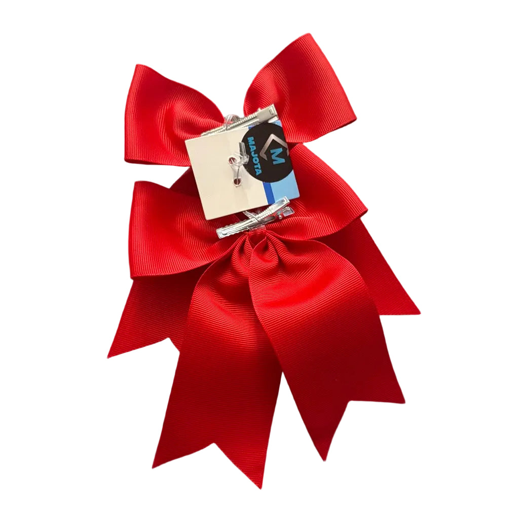 Adorable 1 pair of red, purple, pink, and blue ribbon bow hair clips with elegant white pearl accents, designed for little girls to wear.