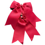 Adorable 1 pair of red, purple, pink, and blue ribbon bow hair clips with elegant white pearl accents, designed for little girls to wear.